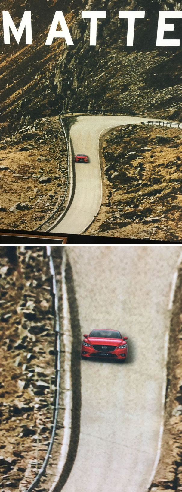 Red car photoshopped onto a narrow mountain road, illustrating one of the hilarious and disastrous Photoshop fails.