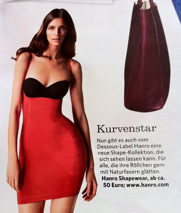Woman in a red dress with an exaggerated hourglass figure demonstrating hilarious and disastrous Photoshop fails.