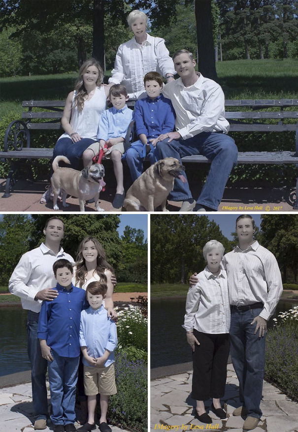 Family photos with visible Photoshop fails showing distorted faces and unnatural blending in outdoor park settings.