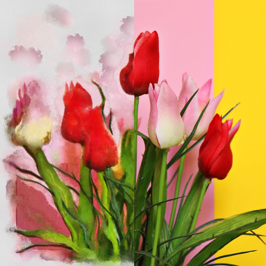 I Shot Some Flowers And Then Painted Half Of The Photo To Show The Difference Between Photography And Painting