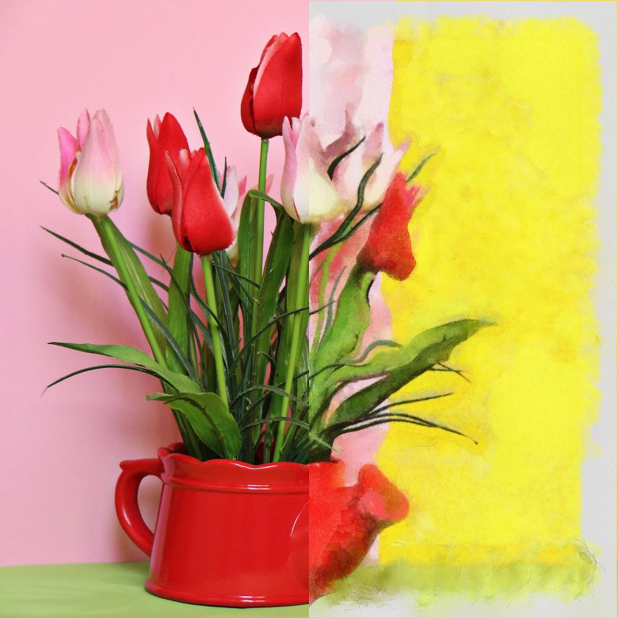I Shot Some Flowers And Then Painted Half Of The Photo To Show The Difference Between Photography And Painting