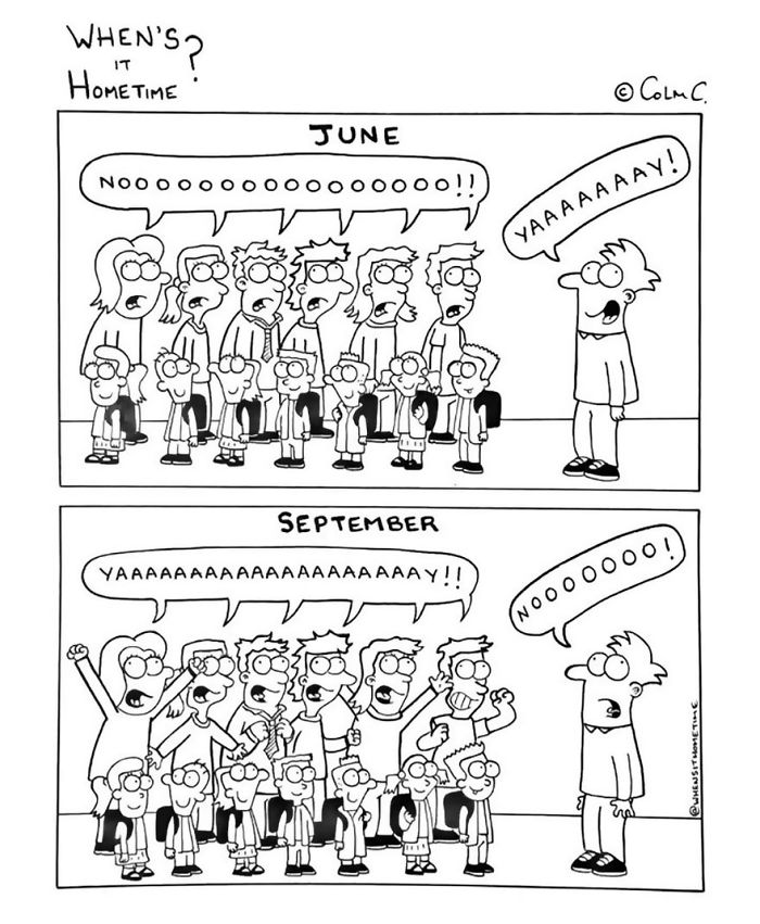 Funny comic showing teacher and students' reactions to the end of school in June and start in September.
