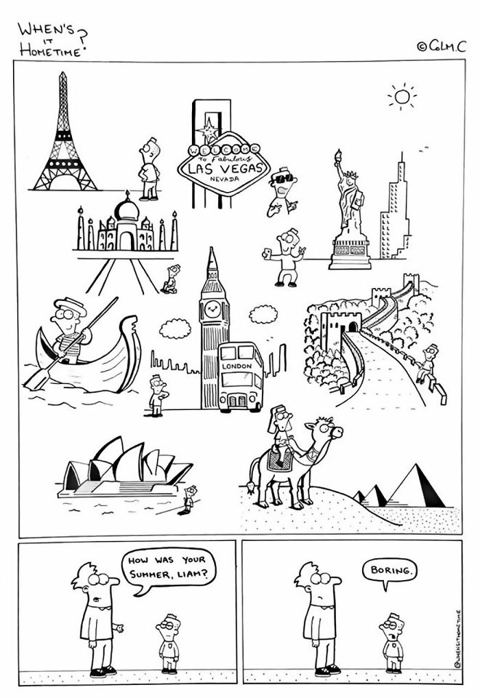 A teacher asks a student about his summer, with a world landmarks comic backdrop.
