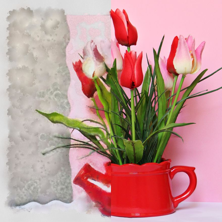 I Shot Some Flowers And Then Painted Half Of The Photo To Show The Difference Between Photography And Painting