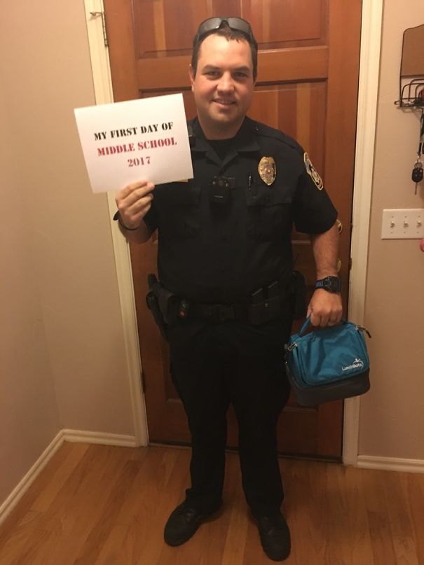 As A Police Officer Assigned To A Middle School, I Had To Get My Back To School Picture Done. I Hope My Wife Packed A Juice Box