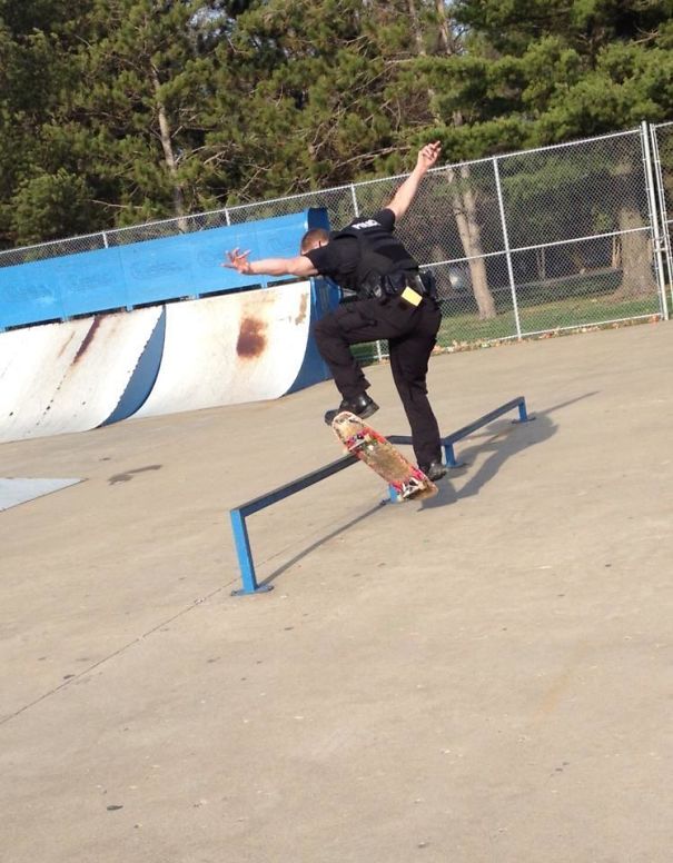 The Picture Was Taken A Bit Soon, But This Is An Officer From Our Town Visiting The The Local Skate Park. He Landed This Frontside Board Slide In 30 Lbs Of Police Gear An Boots