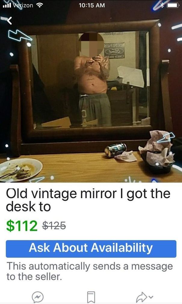 Person taking a mirror selfie in a cluttered room with an old vintage mirror listed for sale.