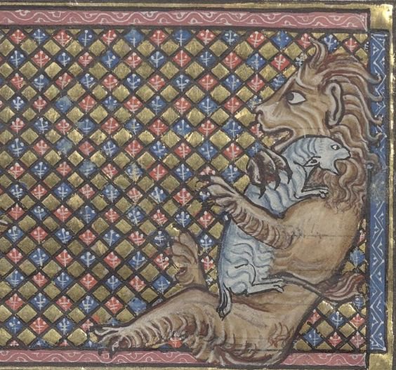Medieval painting of a lion holding a lamb against a patterned background, illustrating humorous medieval cat art.