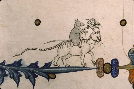 Medieval cat painting with mouse and bird on its back, showcasing humorous art style.