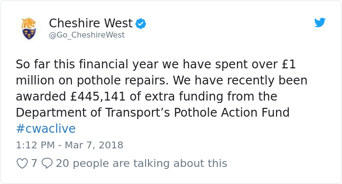 The Internet Can't Stop Trolling This County's Tweet Showing How They Deal With Potholes The Internet Can't Stop Trolling This County's Tweet Showing How They Deal With Potholes