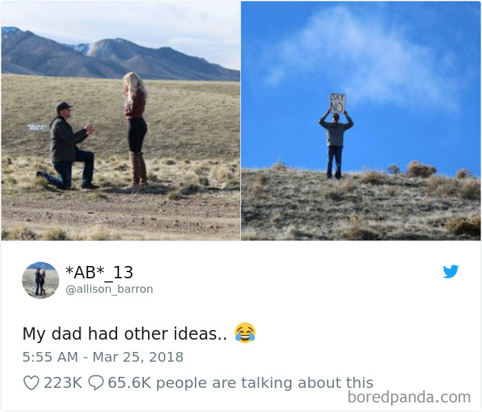 Dad joke at proposal: man kneeling with woman, dad in background holding "Say No" sign.