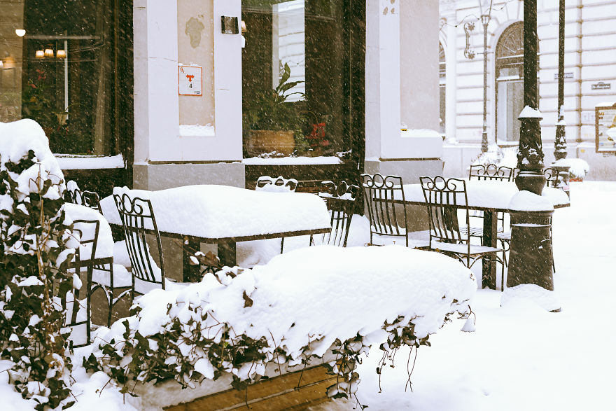 Snowed In Terraces In The Old Center Of The City