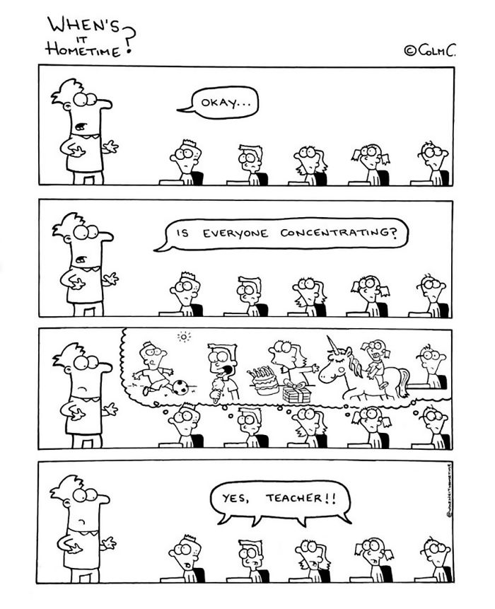 Comic strip about teaching; students daydreaming during a lesson, teacher's question breaks their focus, responding with "Yes, teacher!"