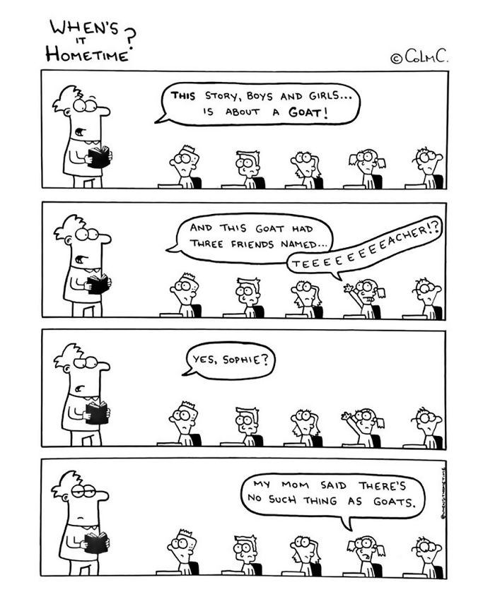 A funny comic depicting a teacher's humorous classroom experience with students discussing goats.