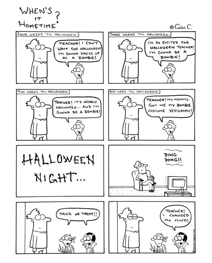 Comic about teaching experience with student excitedly planning to be a zombie for Halloween but changes mind last minute.