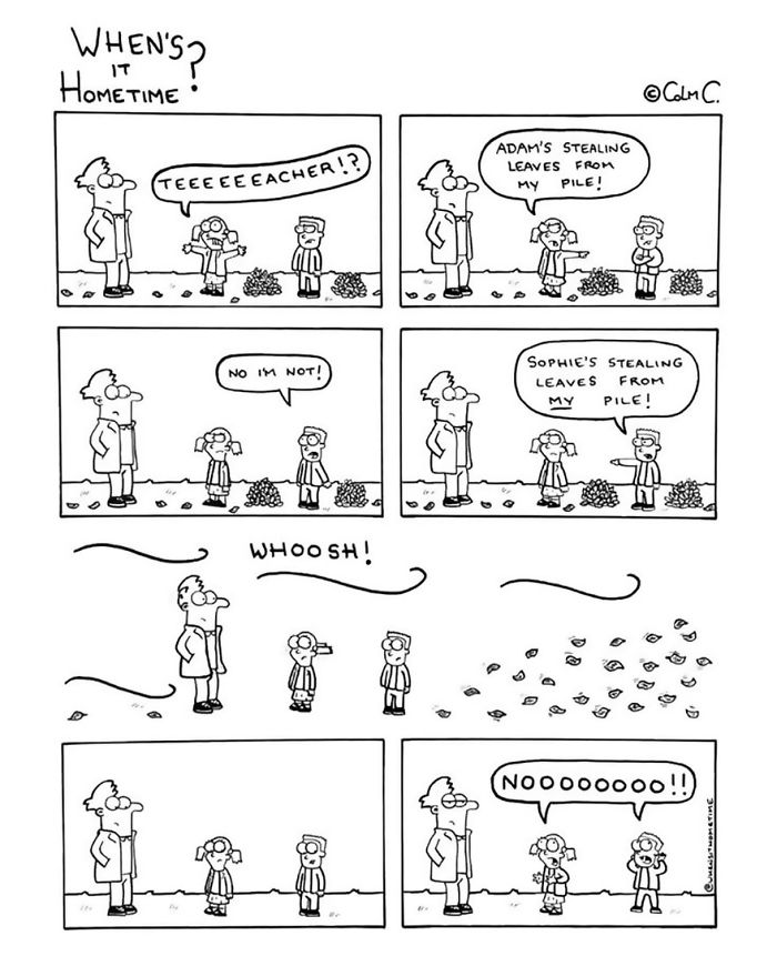 Teacher observing kids arguing over leaves, with leaves blowing away, capturing a funny teaching moment.