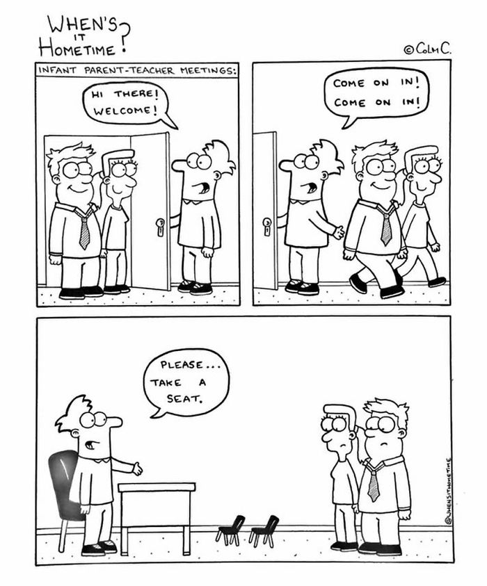Comic depicting a humorous teaching experience at a parent-teacher meeting, with small chairs for parents.