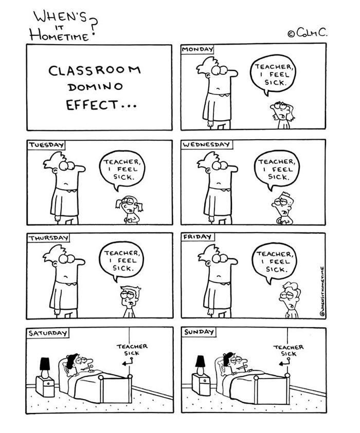 Comic strip showing teacher becoming sick over the week from students saying "I feel sick" in classroom experience.