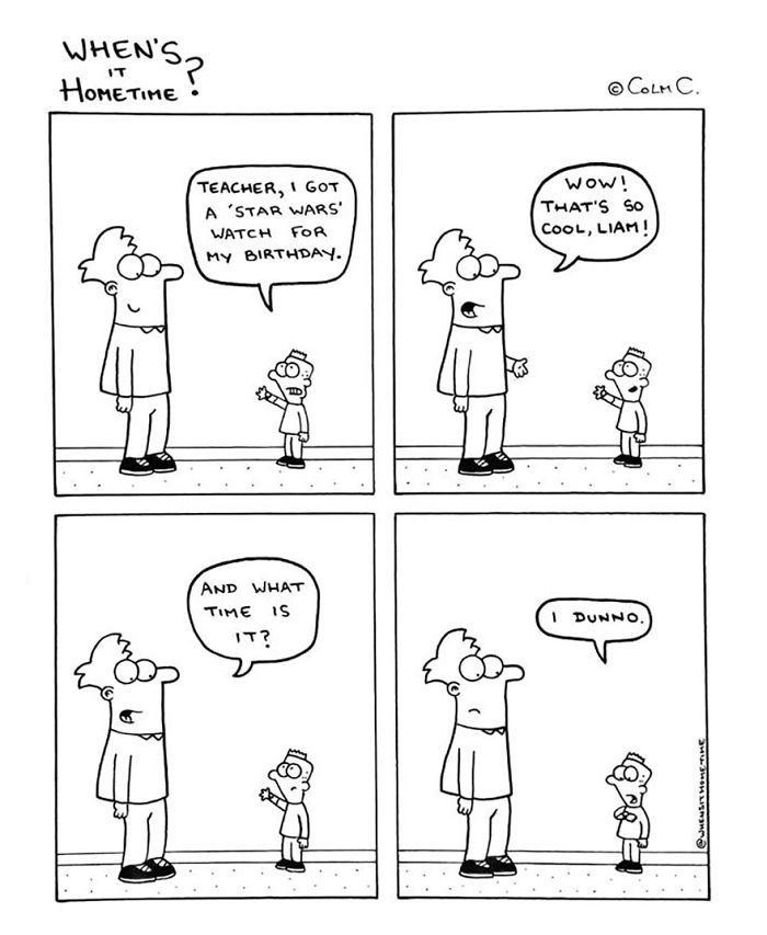 Cartoon of a teacher and student discussing a "Star Wars" watch that doesn't tell time, illustrating a teaching experience.