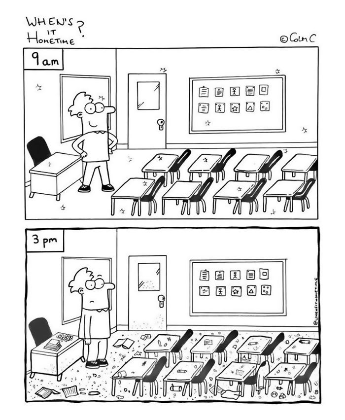Comic of a teacher in a tidy classroom at 9 am and a messy classroom at 3 pm, depicting teaching experience humor.