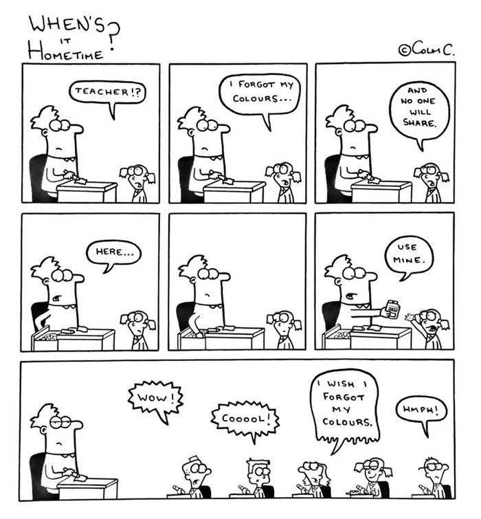 A funny comic about a teacher sharing markers with a student who forgot their colors in class.