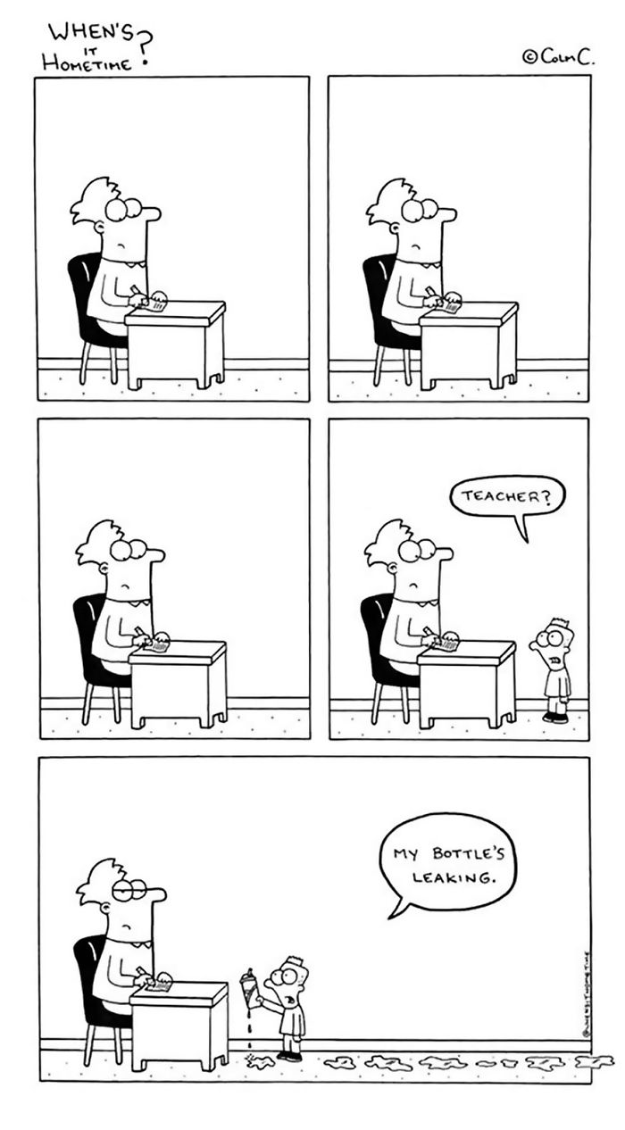 Teacher at desk looking at student with leaky bottle, capturing funny comics about the teaching experience.