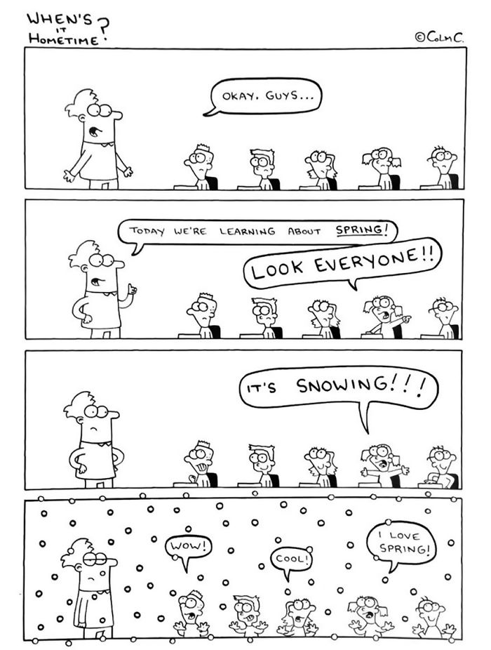 A teacher and students react humorously to unexpected snow in a classroom lesson.