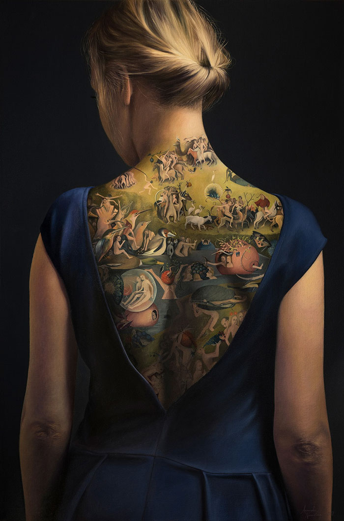 Woman with intricate art-inspired back tattoo resembling Bosch's "Garden of Earthly Delights," wearing a blue dress. Woman with intricate art-inspired back tattoo resembling Bosch's "Garden of Earthly Delights," wearing a blue dress.