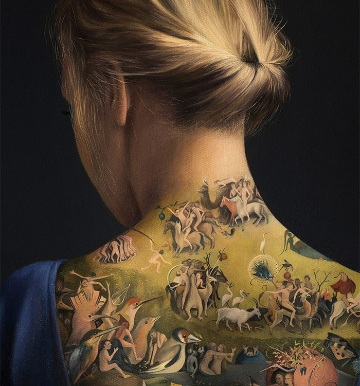 Tattoo art on woman's back styled like Bosch's "Garden of Earthly Delights" by Agnieszka Nienartowicz. Tattoo art on woman's back styled like Bosch's "Garden of Earthly Delights" by Agnieszka Nienartowicz.