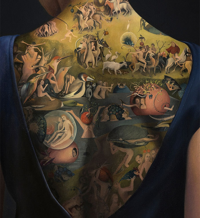 Woman's back with art resembling a tattoo, inspired by Bosch's "Garden of Earthly Delights. Woman's back with art resembling a tattoo, inspired by Bosch's "Garden of Earthly Delights.