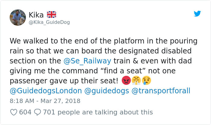 Blind Man Left In 'Tears' After Nobody Gave Up Their Seat For Him And His Guide Dog On The Train Blind Man Left In 'Tears' After Nobody Gave Up Their Seat For Him And His Guide Dog On The Train