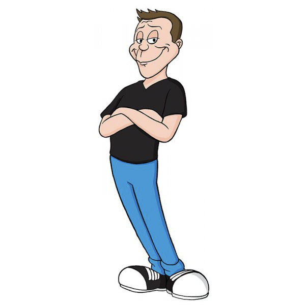 Cartoonist in his style, wearing a black shirt and blue pants, with arms crossed and a playful expression.