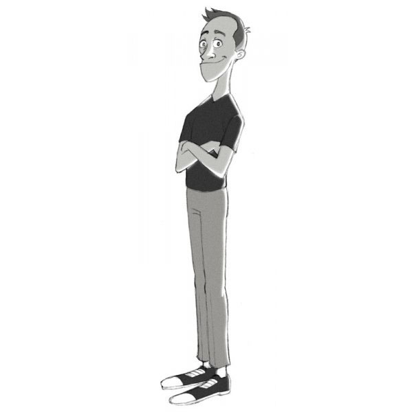 Cartoonist self-portrait in a unique cartoon style, standing with arms crossed.