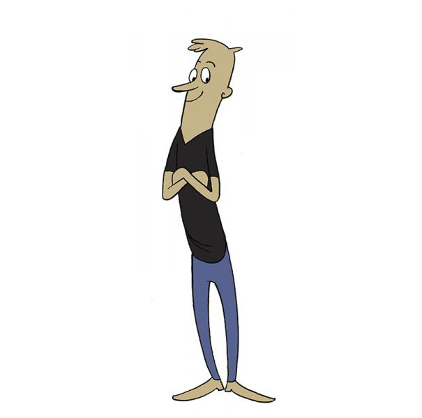 Cartoonist's self-portrait in unique cartoon style, with a tall, lanky figure, wearing a black shirt and blue pants.