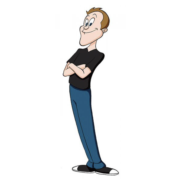 Cartoonist self-portrait in a unique cartoon style, arms crossed, wearing a black shirt and blue pants.