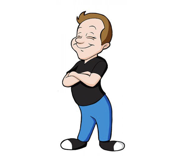Cartoonist self-portrait in animated style, arms crossed, wearing a black shirt and blue pants.