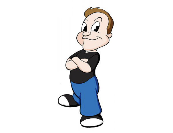 Cartoonist self-portrait in a unique cartoon style, featuring crossed arms and casual attire.