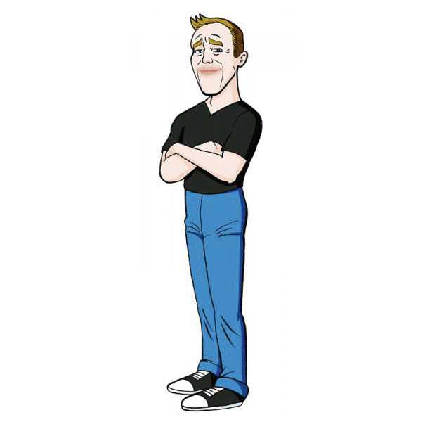 Cartoonist depicted in a unique cartoon style with arms crossed and a confident expression, wearing a black shirt and blue pants.
