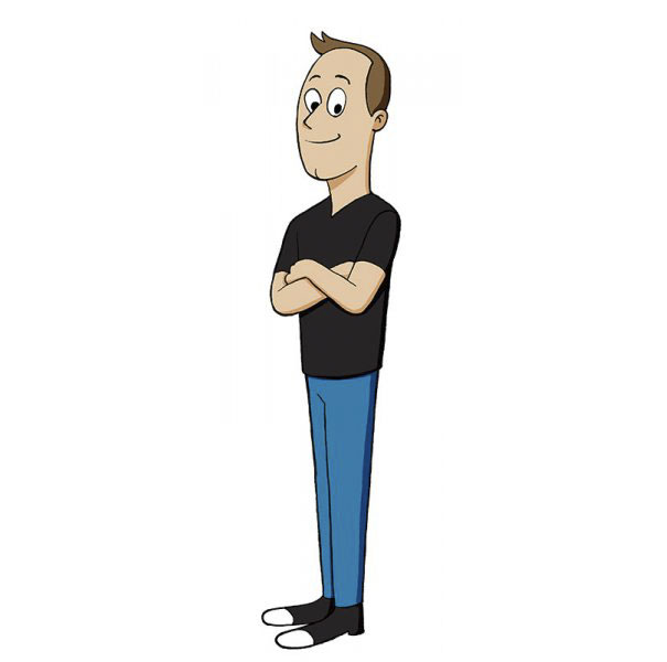 Cartoonist self-portrait in a simplified cartoon style, wearing a black shirt and blue pants.