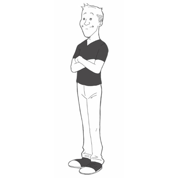 Cartoonist self-portrait in unique cartoon style, arms crossed and smiling.