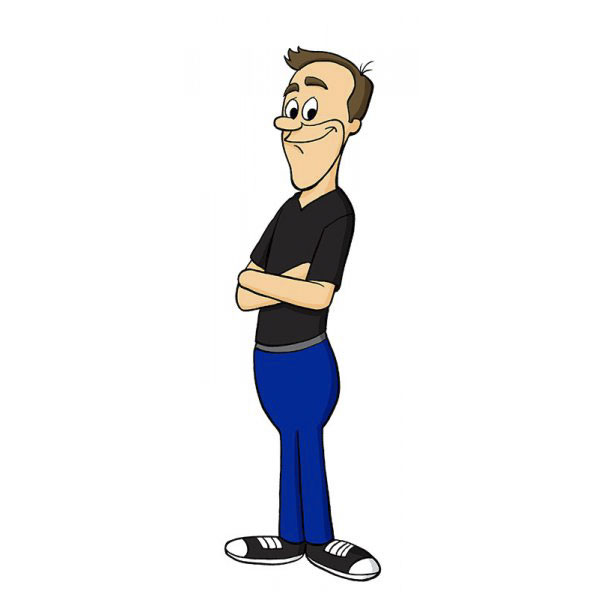 Cartoonist self-portrait in a unique cartoon style, wearing a black shirt and blue pants, arms crossed confidently.