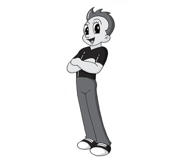 Cartoonist in an anime style, arms crossed, vibrant expression, showcasing diverse cartoon styles.