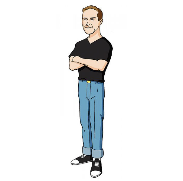 Cartoonist self-portrait in unique cartoon style, wearing a black shirt and jeans, arms crossed.