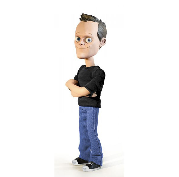 Cartoonist in a 3D animated style, wearing a black shirt and blue jeans with arms crossed.