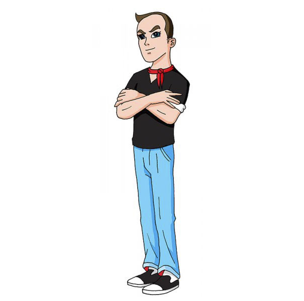 Cartoonist self-portrait in unique style features crossed arms, red scarf, black shirt, and blue jeans.