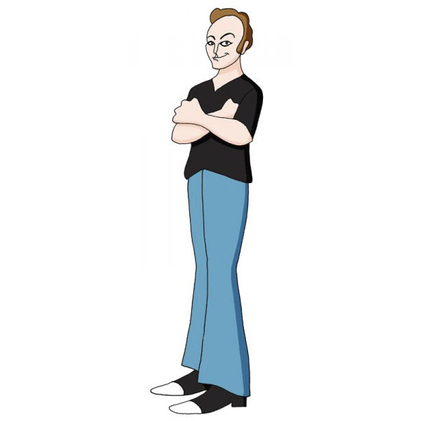 Cartoonist self-portrait in unique cartoon style, wearing a black shirt and blue pants.