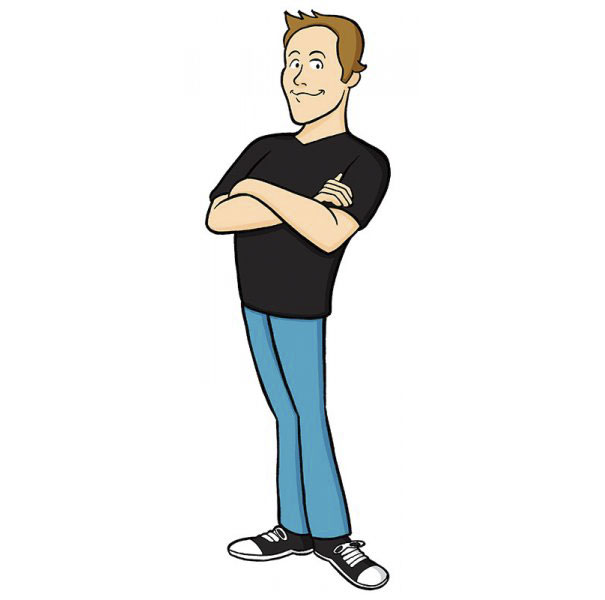 Cartoonist self-portrait in a unique cartoon style, wearing a black shirt and jeans, with arms crossed confidently.