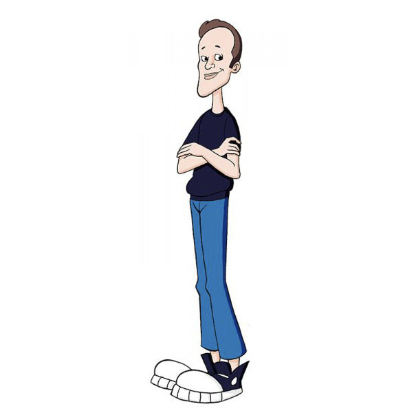 Cartoonist self-portrait in a unique cartoon style with large shoes and folded arms.