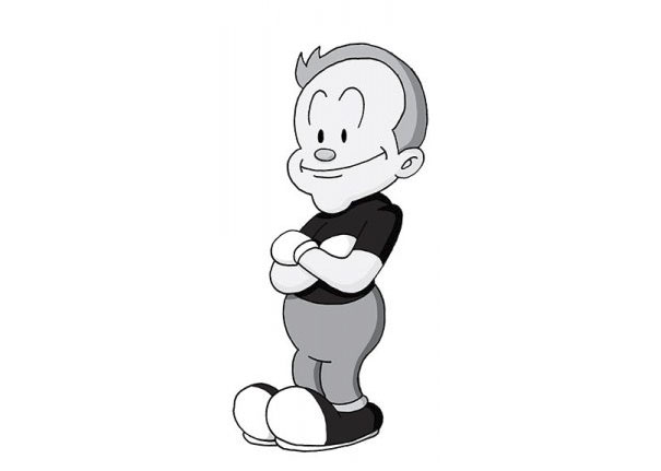 Cartoonist's self-portrait in a classic style, featuring a smiling character with crossed arms and large shoes.
