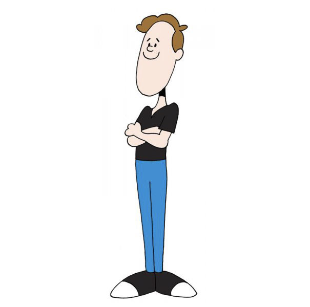 Cartoonist self-portrait in unique cartoon style with crossed arms, wearing a black shirt and blue pants.